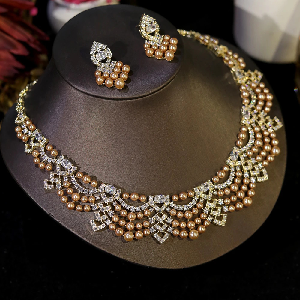Crystal Zircon Circular Shape golden Pearl Necklace Women Dubai Bridal Wedding Birthday Party Indian Jewelry Set Gift 250530