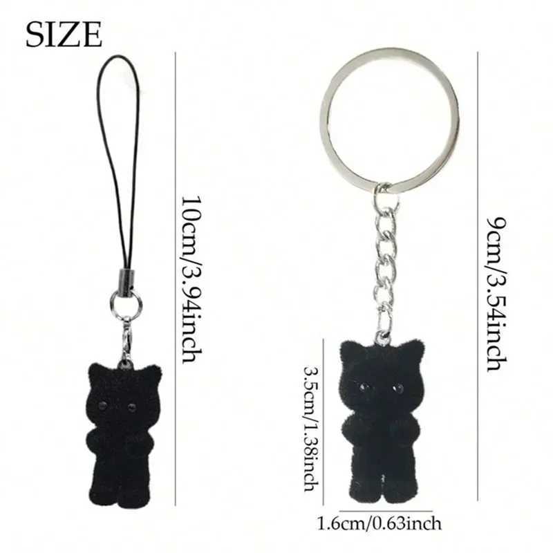 Cute 3D Flocking Black Kitten Keychain Little Cat Couple Mobile Phone Pendant Car Keyring Earphone Backpack Charms Bag Decor W250604