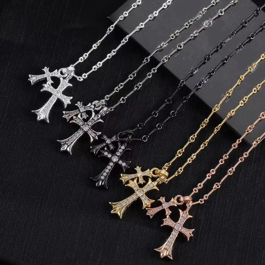 Cross Pendant Necklaces For Women Men Designer Vintage S925 Thai Silver Pendant Chain Couples Black Chain High Quality White Diamonds Chrome Necklace Jewelry N6
