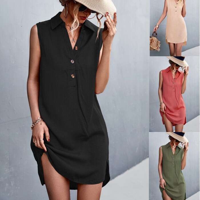 Summer New V-Neck Button Sleeveless Vest Split Cotton Linen Dress B5