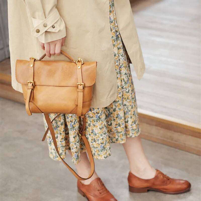 Messenger Women Handbag Soft Shoulder New Art Japanese Vintage Leather Yellow Brown Retro,Shoulder Bag