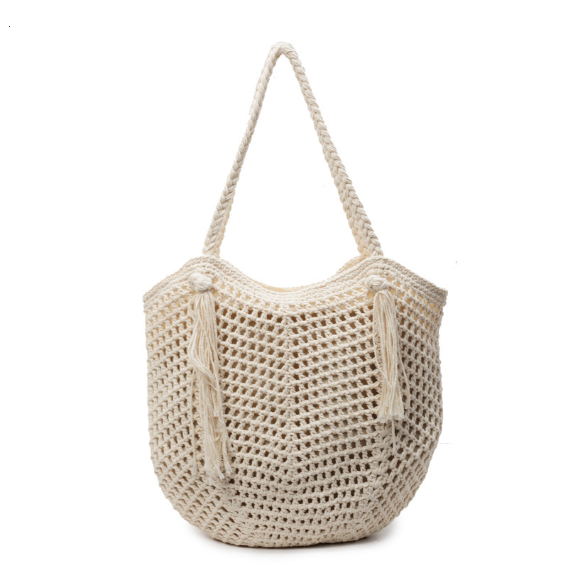 designer Casual Large Capacity Cotton Woven Bag New Hollow Out Straw Bag Lazy Style Shoulder Bag Vacation Beach Bag Women's Bag