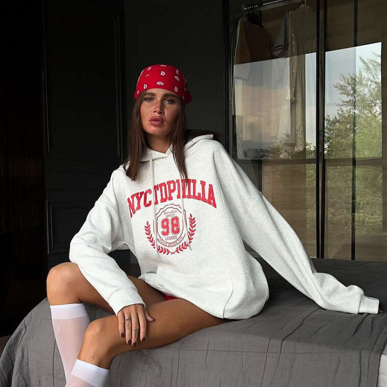 American Style Boyfriend Oversize Letter Print Hoodie For Women Trendy Brand Long Sleeve With Interchangeable Pocket Design Top B5