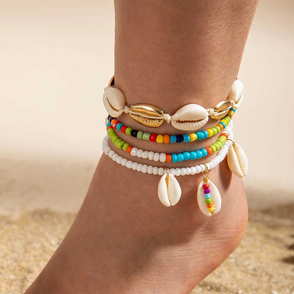 Tocona Bohemian Beach Shell Starfish Rice Beads Stretch Anklet Charm Anklet Set Holiday Multi-Layers Women Beach Jewelry W250604