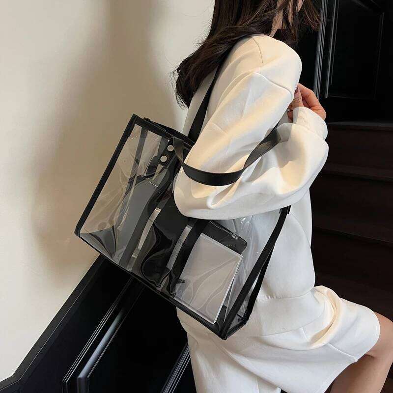2025 Summer Hot Transparent Shoulder Bag Set For Women 2-In-1 PVC Striped Large Capacity Shopping Totes Travelling Beach Handbag