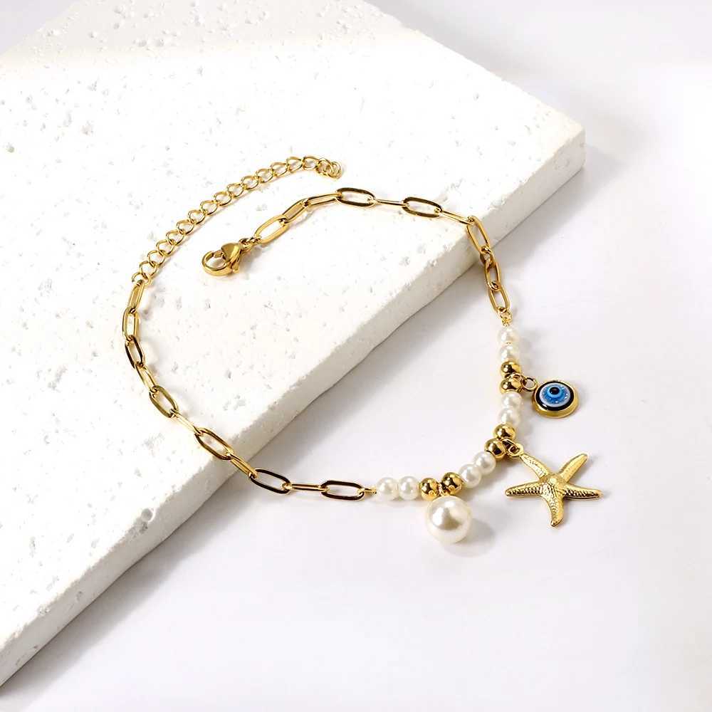 ASONSTEEL Delicate Stainless Steel Starfish Accessory Imitation Pearl Anklet Bracelet Waterproof Beach Statement Trendy Jewelry W250604