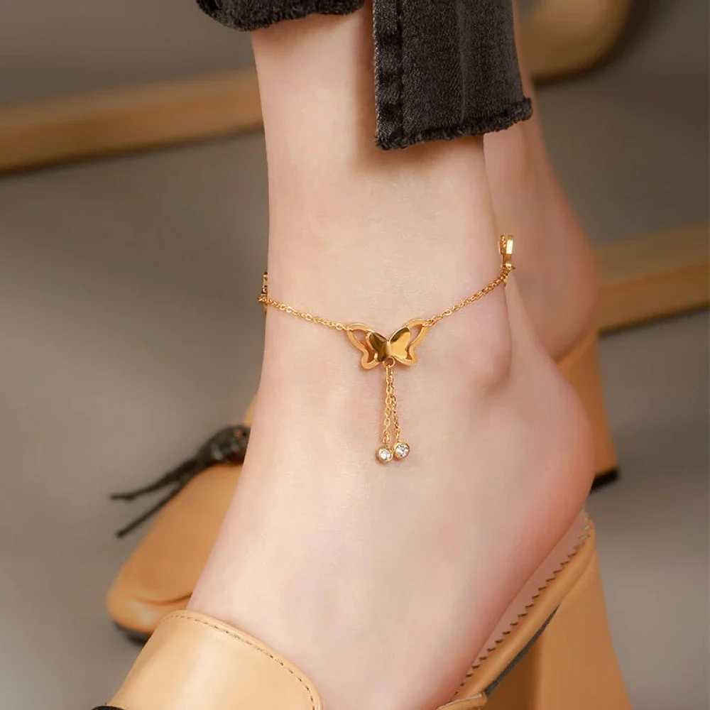 Stainless Steel Women Butterfly Pendant Foot Chain Barefoot Leg Bracelet Rose Gold Color Beach Anklet Jewelry Drop Shipping W250604