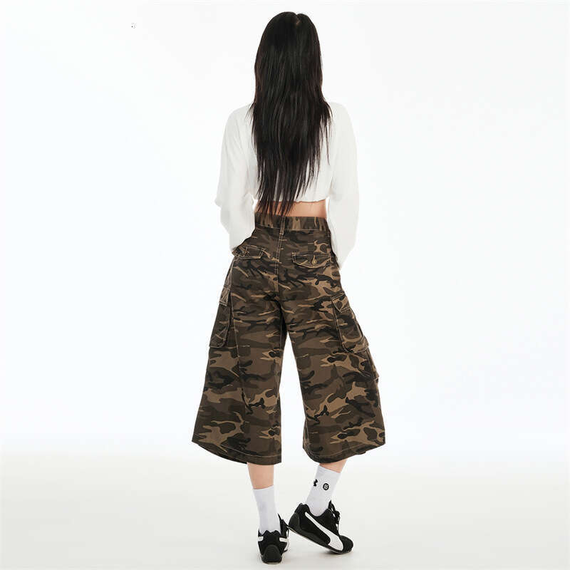 American Style Girl Camouflage Cropped Jeans For Women Spring Summer New High Waist Loose Slimming Sweet Spicy Mid Pants B5