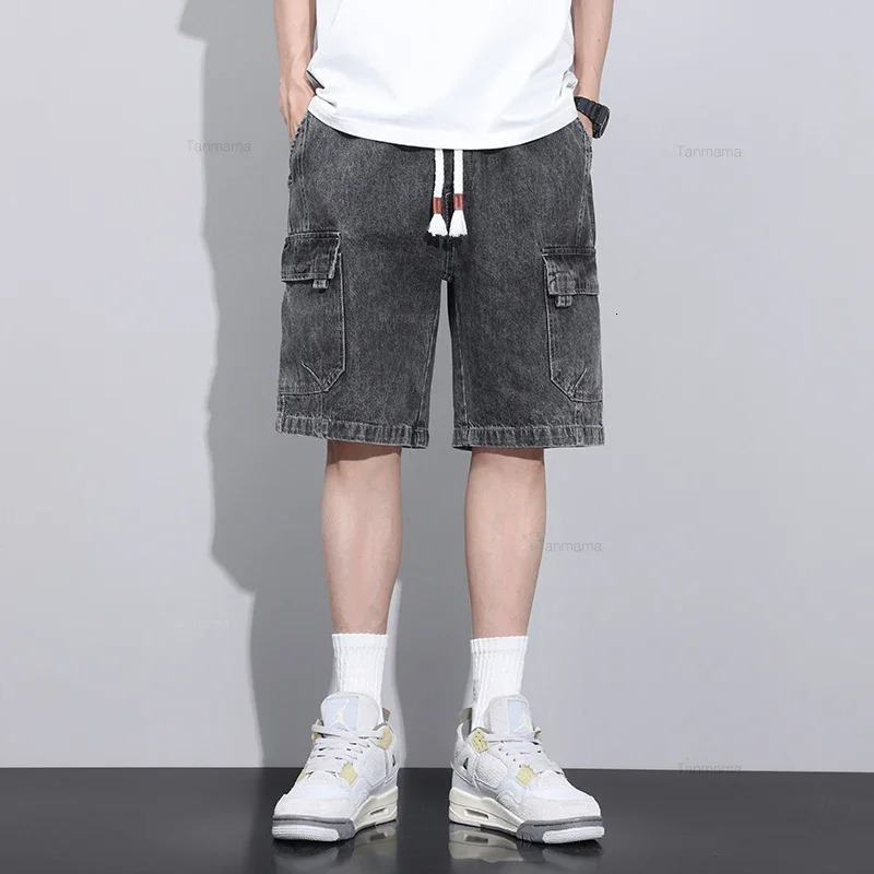 Summer Mens Loose Denim Shorts Blue Gray Streetwear Straight Elastic Waist Drawstring Fashionable Casual Short Jeans Male 250529Z
