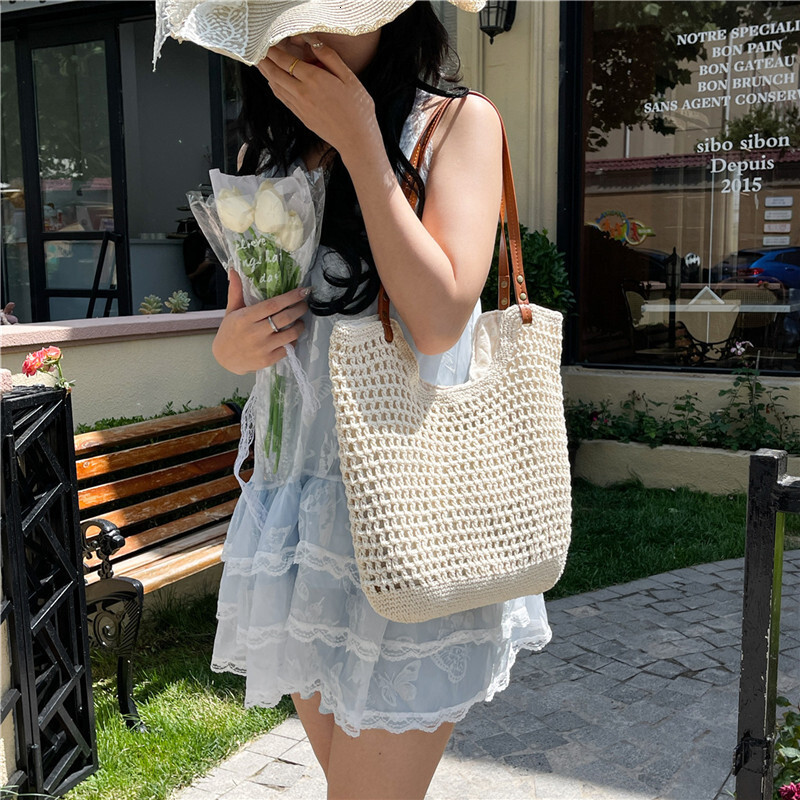 designer New Large Capacity Lazy Style Woven Bag for Women Versatile Literary Shoulder Bag Beach Bag Cotton Rope Commuter Tote Bag