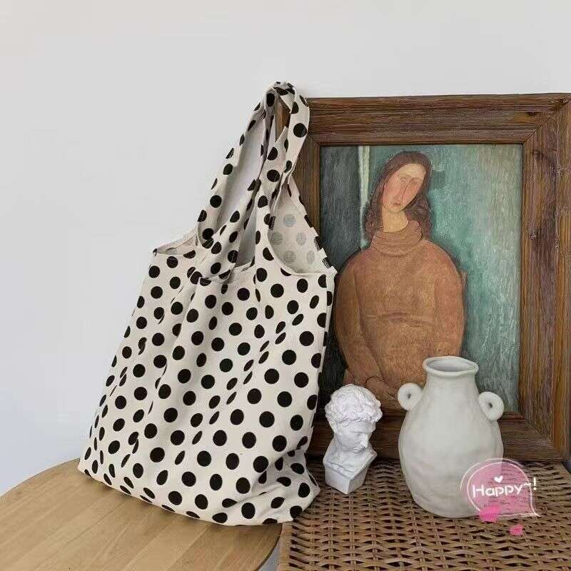 Polka Lazy Style Women's Handbag DIY Artistic Eco-friendly Shopping Large Capacity Round Dot Canvas Bag
