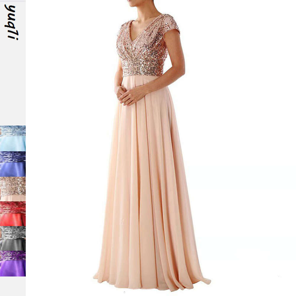 Summer New V-Neck Sequin Chiffon Patchwork Evening Gown Long Dress B5