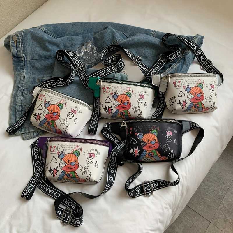 Cute Cartoon Doodle Bear Waist Bag Women Shoulder Crossbody Bags Lady Banana Chest Bag Casual Funny Bag Female Handbag and Purse W250604