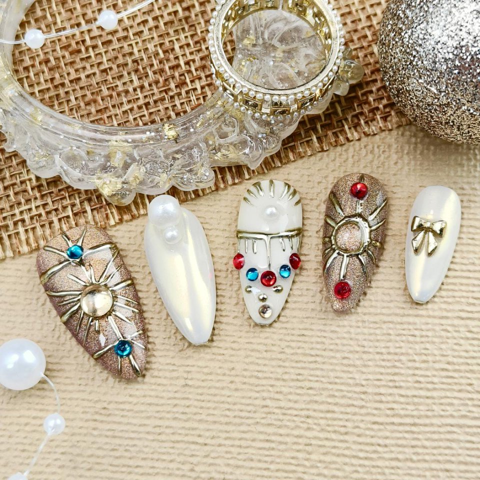 10pcs 3D Hand drawn Handmade Press-on nails Medium Almond Nails Bundle Star Moon Style 3D Sun Bow Diamond Finished nail stickers Free storage box jell