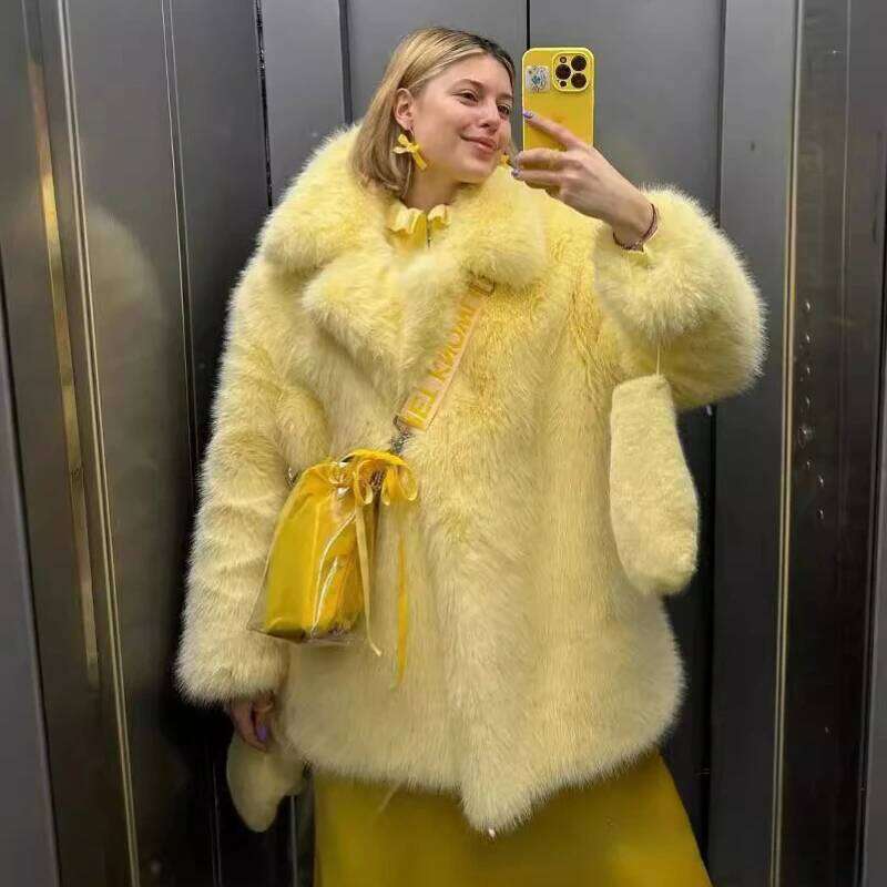 Women Winter Faux Mink Bomber Jacket Yellow Fox Fur Turn Down Collar Suit Coat Flocking Cardigan Plush Tops Fluffy Abrigos