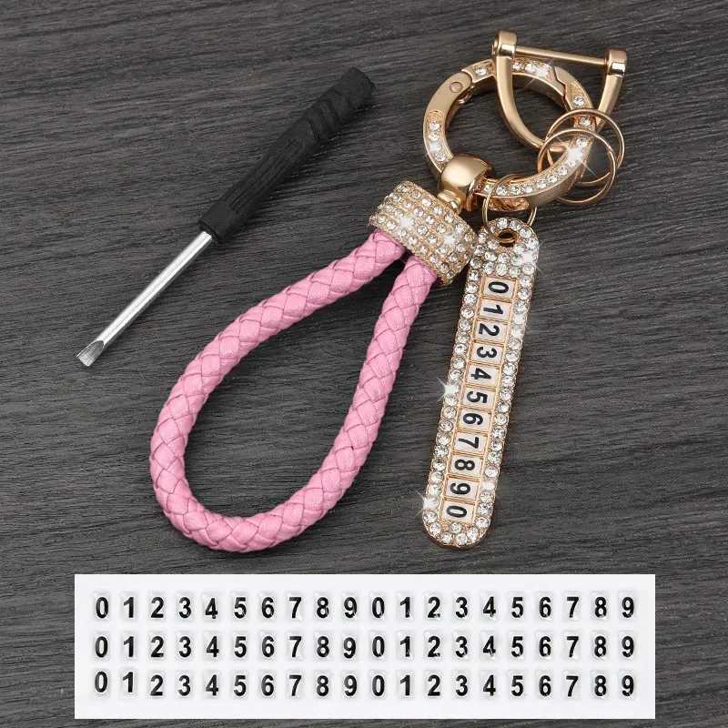 Fashion Personalized Handmade Rhinestone Keychain with Phone Number Tag Leather Keyring Crystal Anti-lost Design Accessories M250604