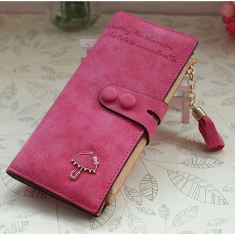 Women's long purse European and American vintage frosted Umbrella Hardware buckle fringe multi-card folding mobile wallet Large