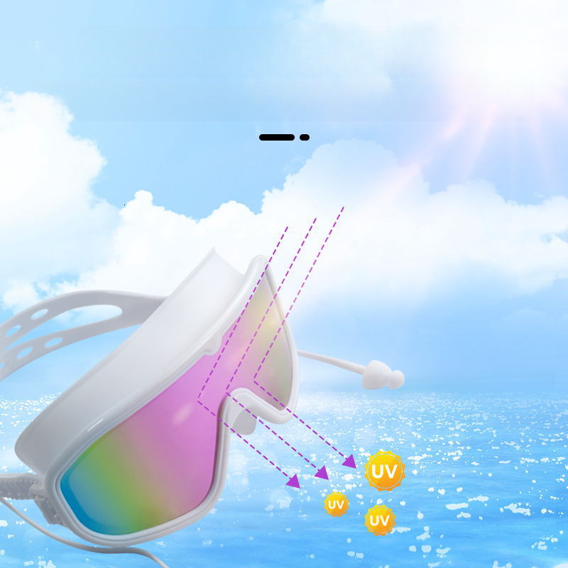 Large Frame Swim HD Waterproof Anti-Fog Unisex Swimming Glasses with Integrated Earplugs Silicone Colorful Diving Goggles