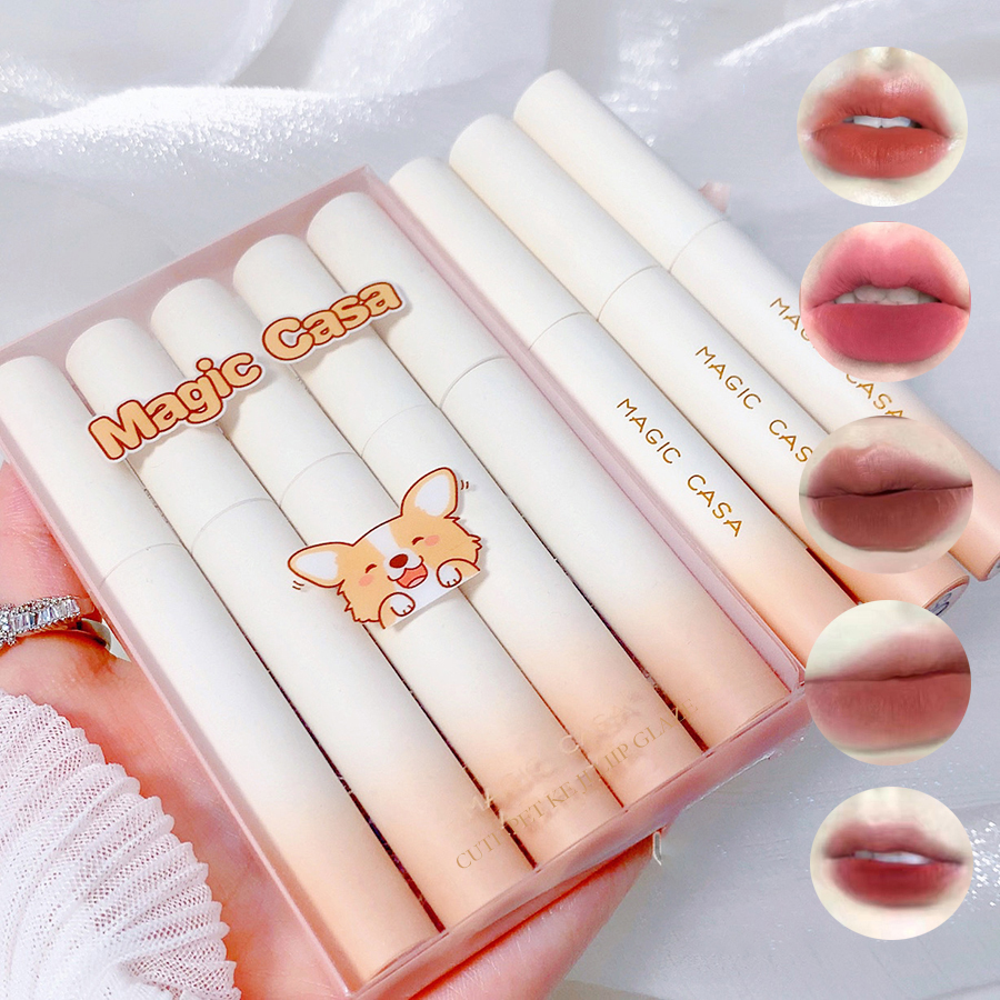 Corgi Lip Glaze Set 5pcs Boxes Corgi Matte Velvet Lip Glaze Lipstick Student Lip Gloss DH1004