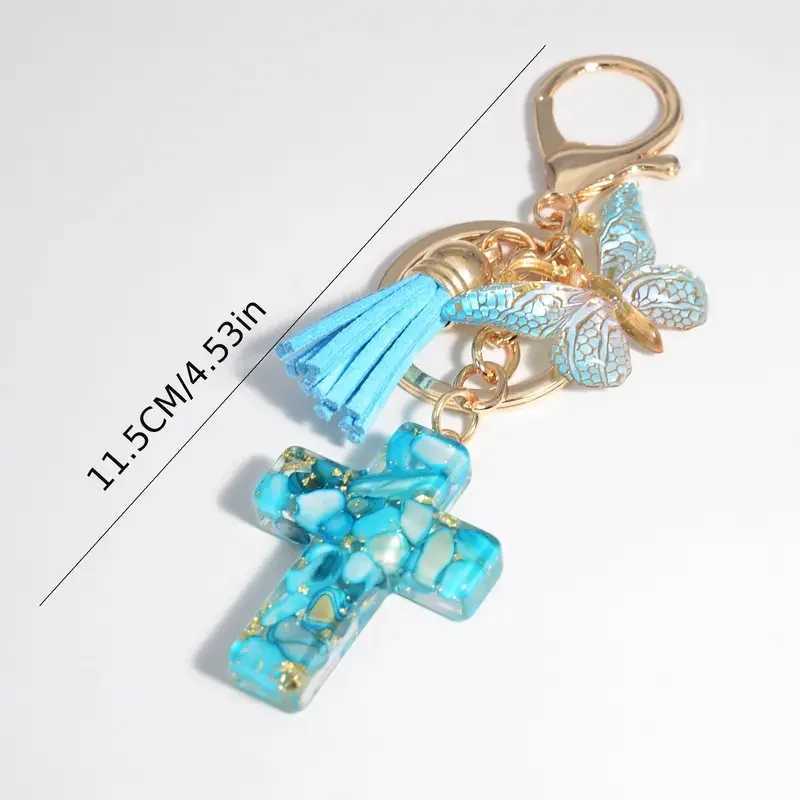 Exquisite Cross Butterfly Keychain Cute Resin Christian Cross Key Ring Purse Bag Pendant Car Key Accessories Women Party Gift M250604