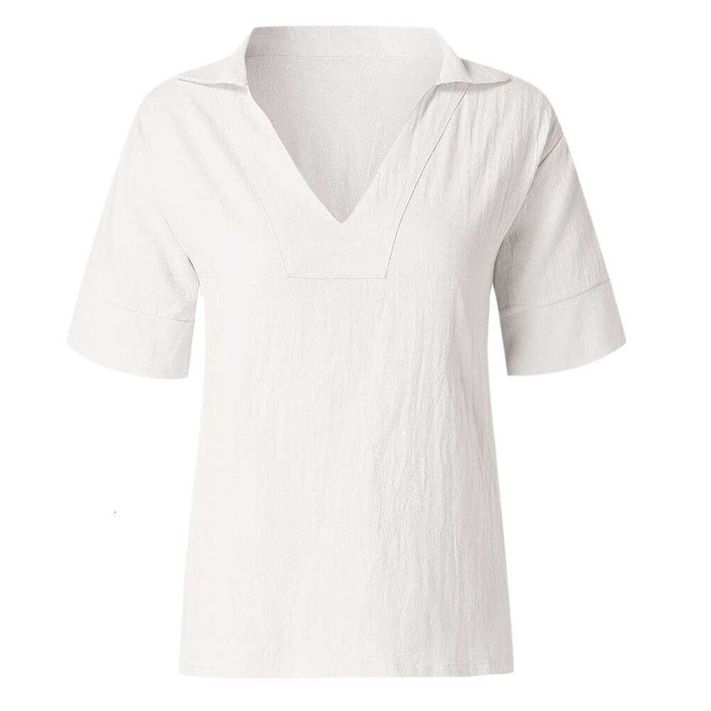 Spring Summer V-Neck Cotton Linen Versatile Solid Color Plus Size Loose Mid-Sleeve Women's Shirt B5