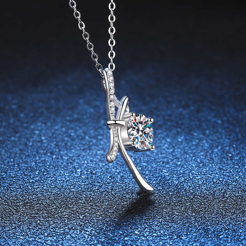 S925 Sterling Silver Moissanite Necklace with 1ct D-Color Moissanite Pendant, Elegant Butterfly Knot Design, Platinum Plated Jewelry for Women