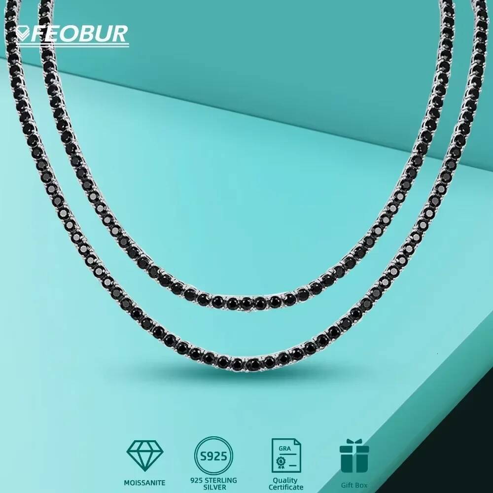 FEOBUR 3/4/5mm Black Moissanite Tennis Necklace Sier S for Man Women Full Dia Chain Hip Hop Jewelry with Certificate