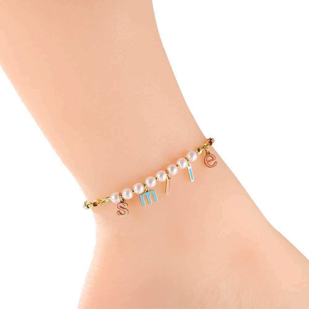 LUXUSTEEL Boho Smile Letter White Pearl Anklet for Women Stainless Steel Cable Chain Summer Beach Bracelet on the Leg Gifts W250604