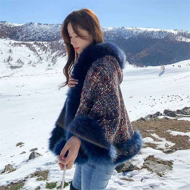 2025 Winter Thick Tweed Jacket Women Big Collar Hooded Shawl Cloak Fur Coat Female Loose Casual Woolen Ponchos And Capes