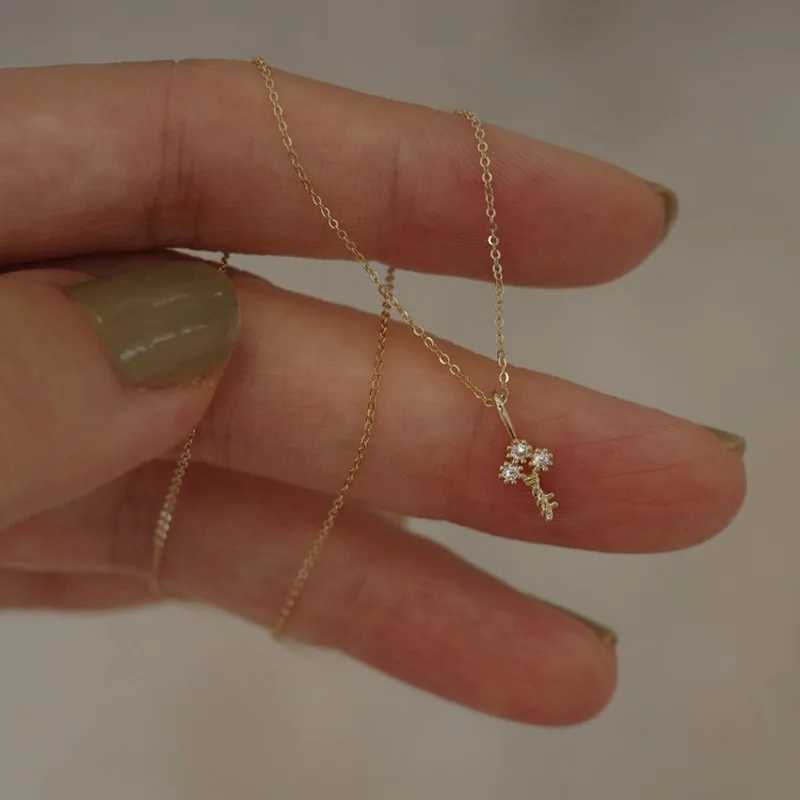 S925 Sterling Silver Plated 14K Gold Necklace for Women Zircon Key Light Luxury Mini Clavicle Chain XJ250604