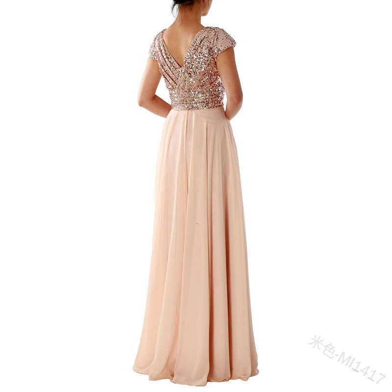 Summer New V-Neck Sequin Chiffon Patchwork Evening Gown Long Dress B5