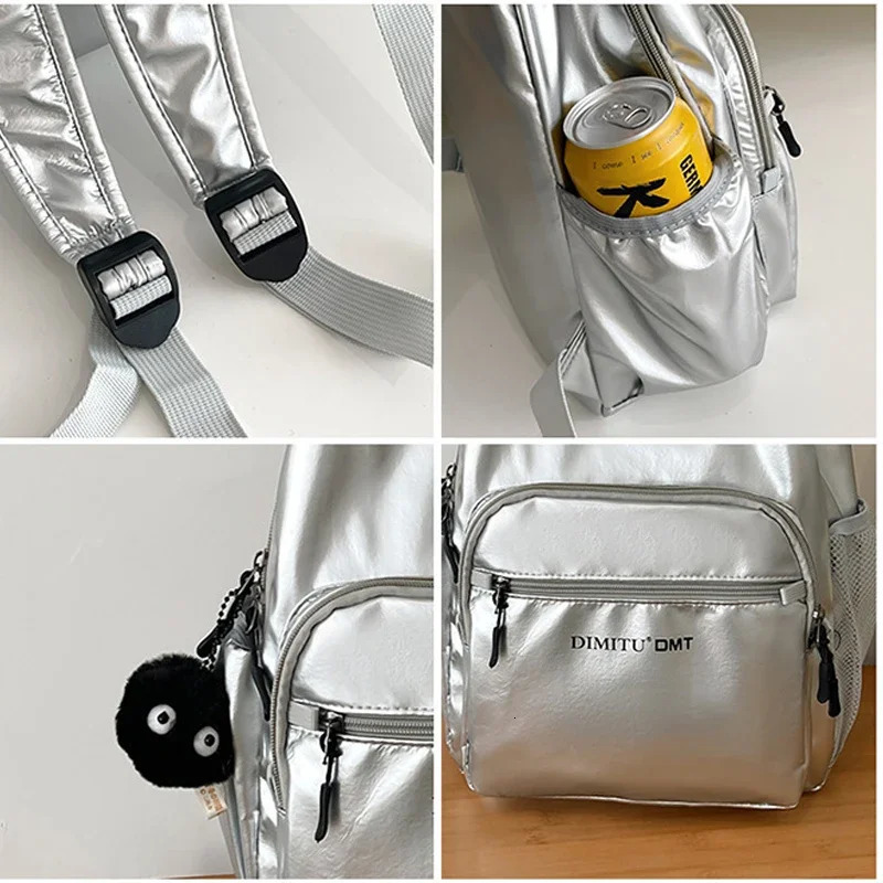 Large Capacity Shoulder Backpack Silver Nylon Commuting Backpack Women College Students Waterproof Lightweight Travel Schoolbag 250530