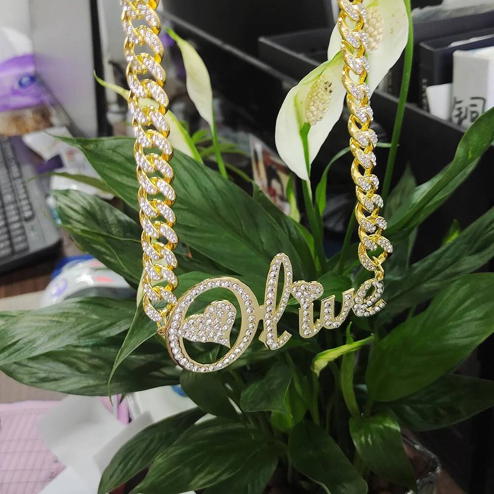 AI Customized Stainless Steel Word Name Necklace 1.2cm Rhinestone Chain Miami Cuban Link for Men Women Hip hop Jewelry