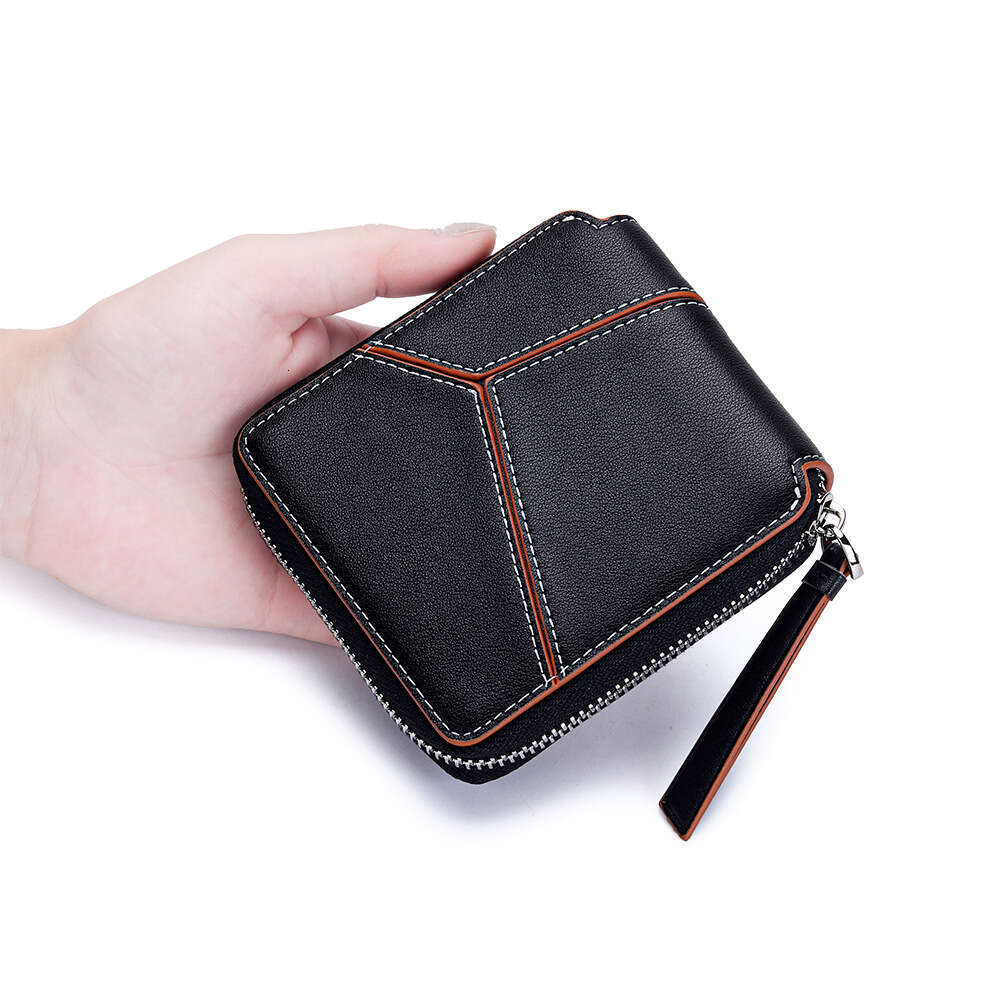 Genuine Leather Patchwork Color-Block Short New Large Capacity Multi-Card Slot Zipper Wallet Cowhide Coin Purse for Women