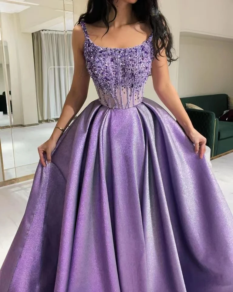 Chic Arabic Purple Glitter Prom Dresses Beaded Satin A-Line Evening Gowns Spaghetti Straps Corset Sequins Pearls Long Birthday Party Dress