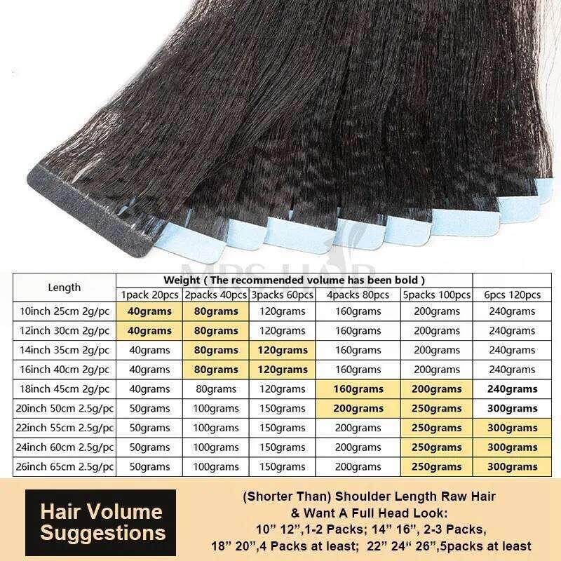 MRS HAIR Light In Human Hair Cuticle Remy in Extensions SilkPressed Yaki Tape ins 12-26inch 20pcs