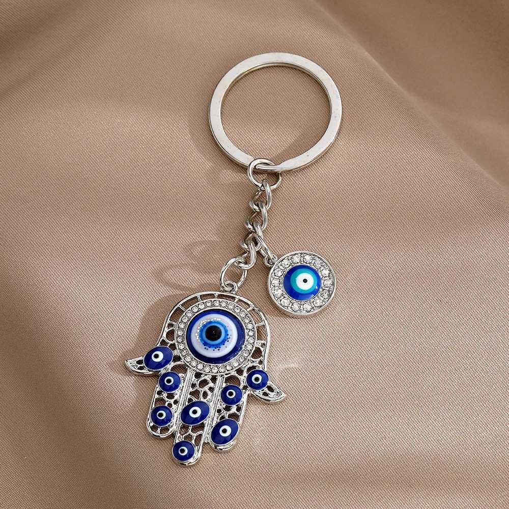 Ethnic Style Lucky Blue Evil Eye Keychain Charm Crystal Fatima Hasma Hand Key Ring Holder Key Bag Charms For Women Men M250604