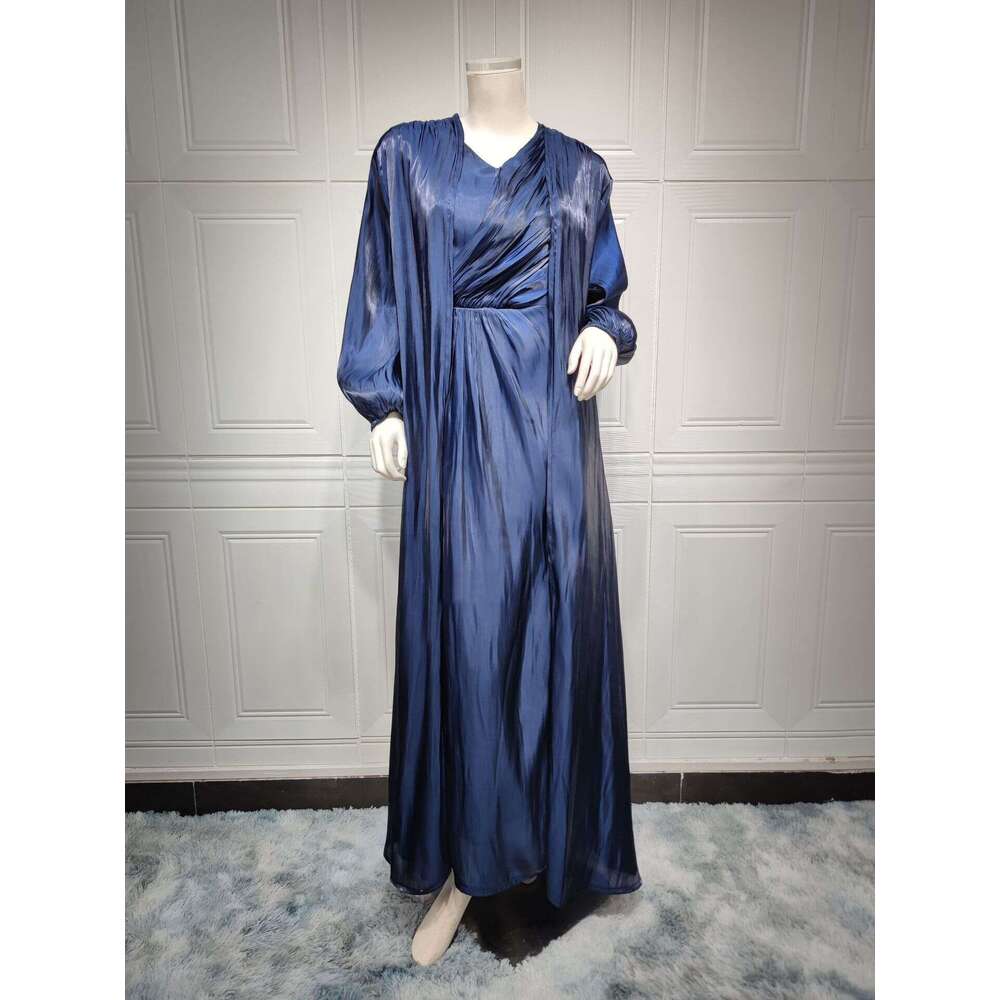 Mq056 Modest Shiny Silk Dress Dubai Turkish Robe Fashion Abaya Soft Two-Piece Set B5