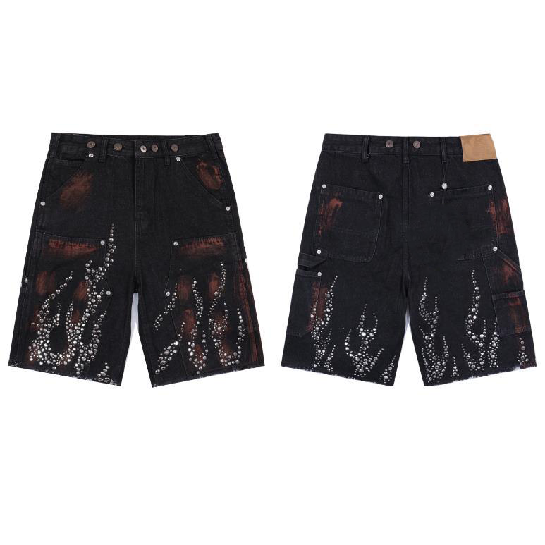 Men's Shorts Y2K Retro Black Denim Shorts Men Women Harajuku Fashion Rhinestone Rivet Loose Short Pants Gothic Fashion Raw Edge Washed Shorts