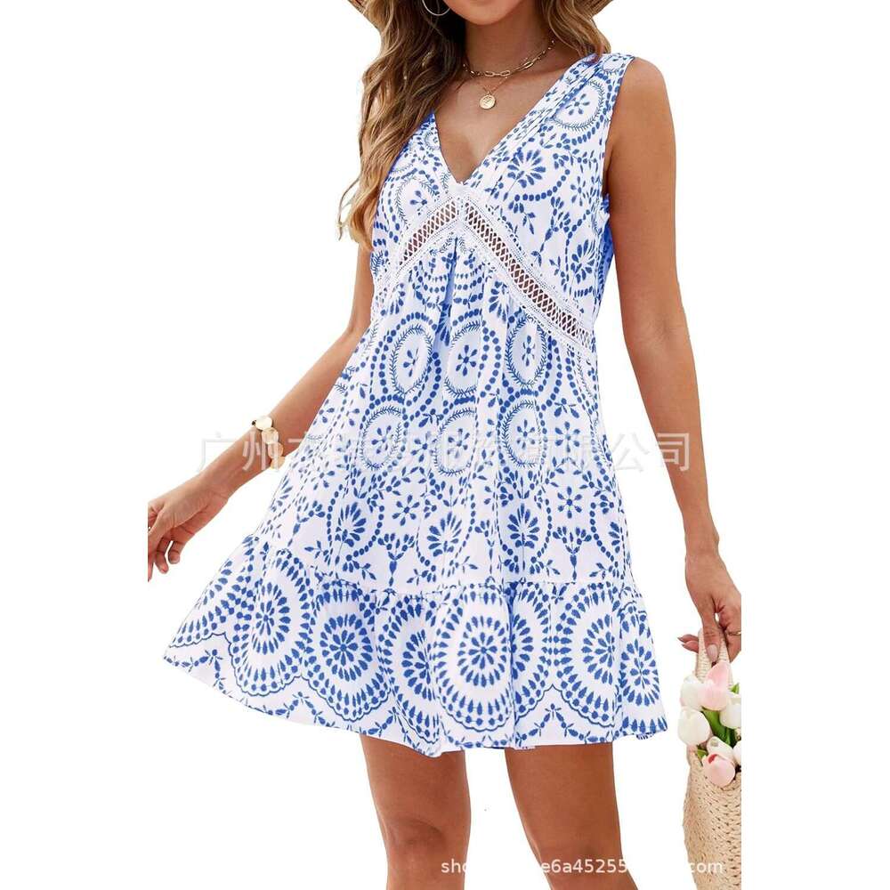 European American Women's Spring Summer Printed Hollow Lace V-neck Sleeveless Dress 2025 New Style Chic and Elegant Clothing