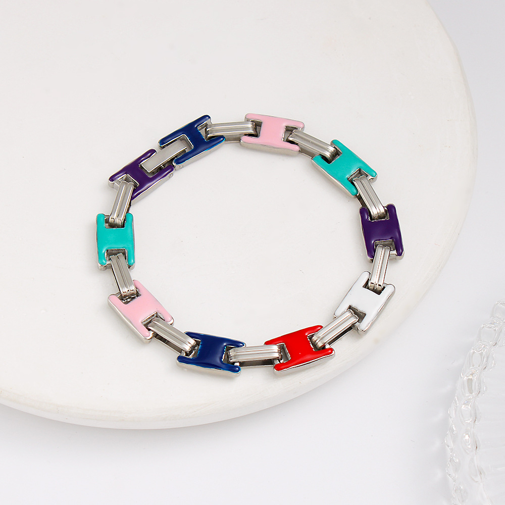 18k Real Gold Plated Colorful Oil Drop Stainless Steel Geometric Chain Necklace Bracelet Jewelry Set