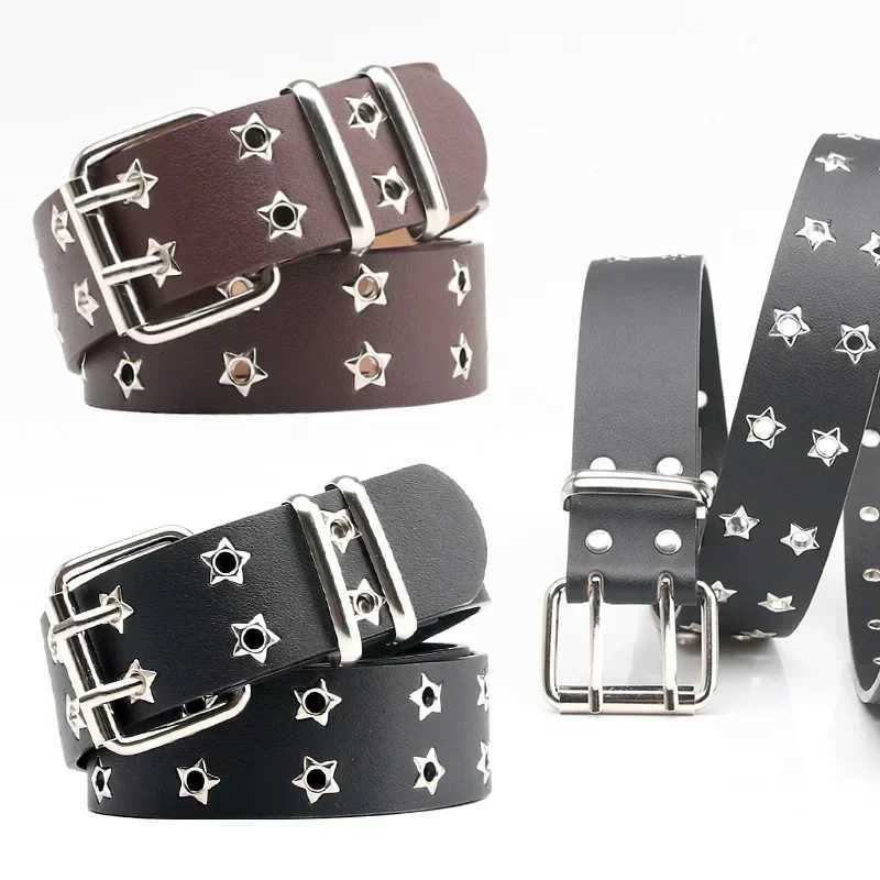 1 PC Star Eye Rivet Belt Goth Style Double Pin Buckle Men Women Fashion Casual Punk Style PU Leather Waistband for Jeans Young W250604