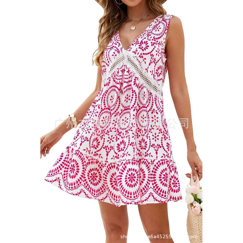 European American Women's Spring Summer Printed Hollow Lace V-neck Sleeveless Dress 2025 New Style Chic and Elegant Clothing
