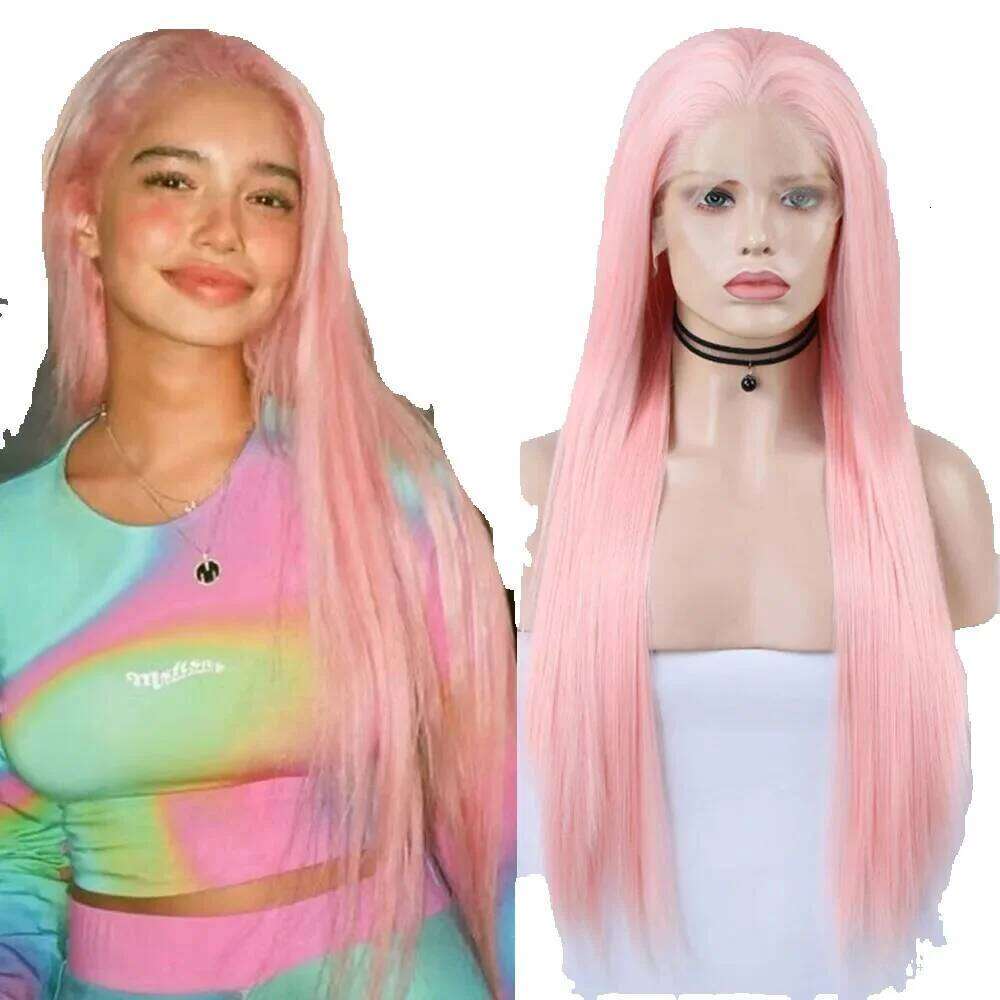 Light Straight Women Cosplay Synthetic Wig Silk Long Bubble Heat Fiber Lace Front Wigs Pink Fashion Hair