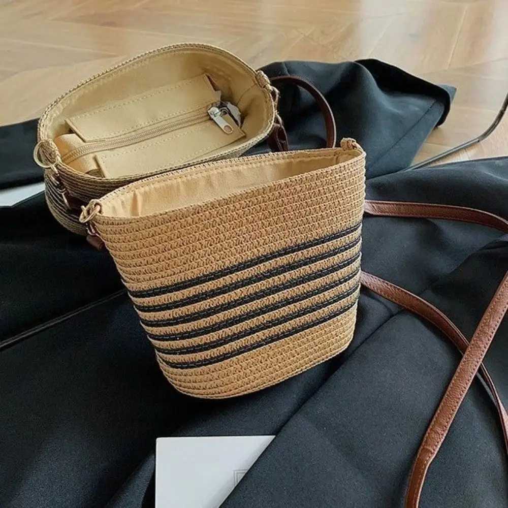 Summer Straw Tote Bags Casual Vacation Beach Crossbody Bag Large Capacity Handmade Womens Bucket Bag XJ250604