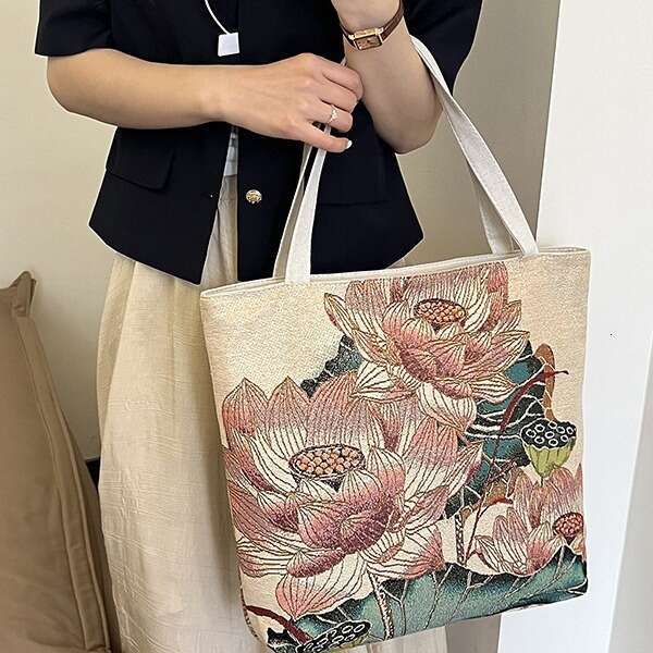 New Canvas Shoulder Handbag Double-Sided Gold Thread Jacquard Embroidery Ethnic Style Handheld Commuter Bag