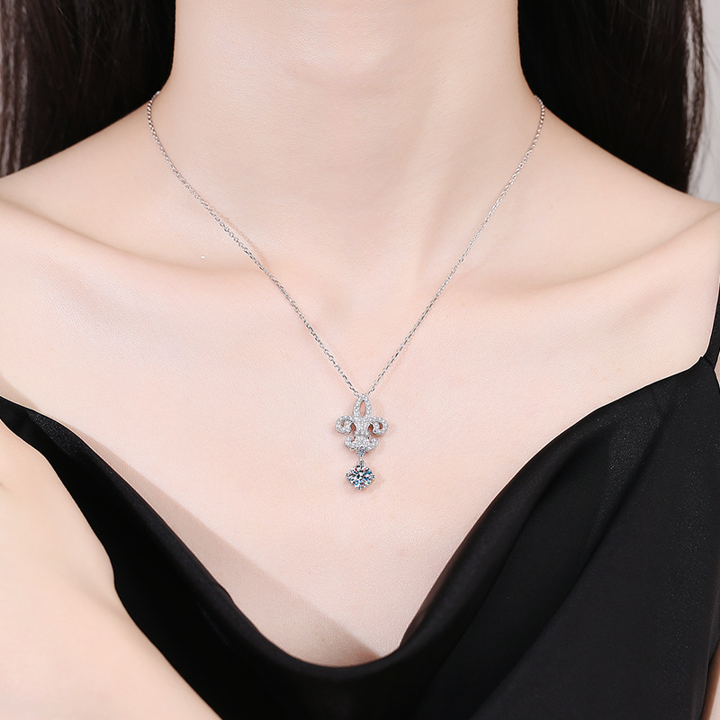 S925 Sterling Silver Moissanite Necklace with 1ct D-Color Moissanite, Crown and Iris Flower Design, Elegant and Timeless Pendant for Women