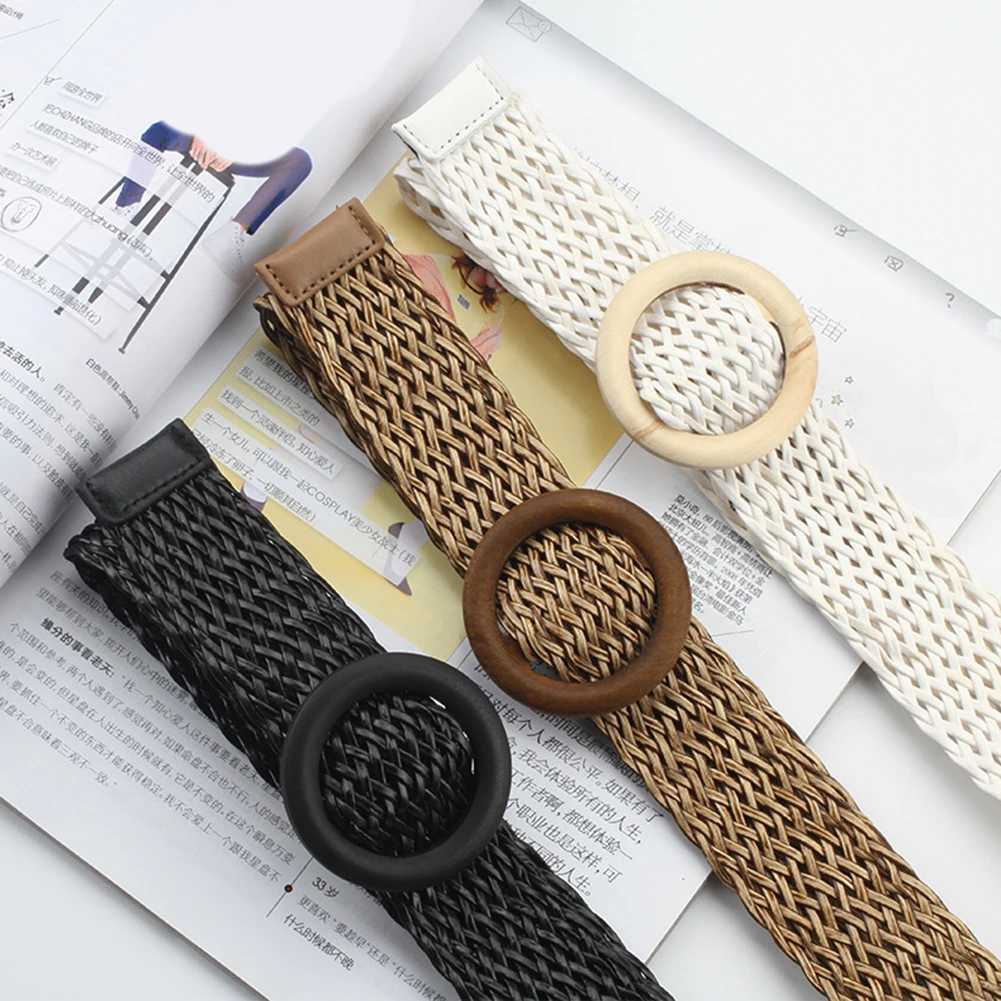 Summer Women Braided Belts Elastic Belt Buckle Vintage Bohemian Straw Buckle Belt Women Knitted Belt Dress Belt Fake Straw Waistband W250604