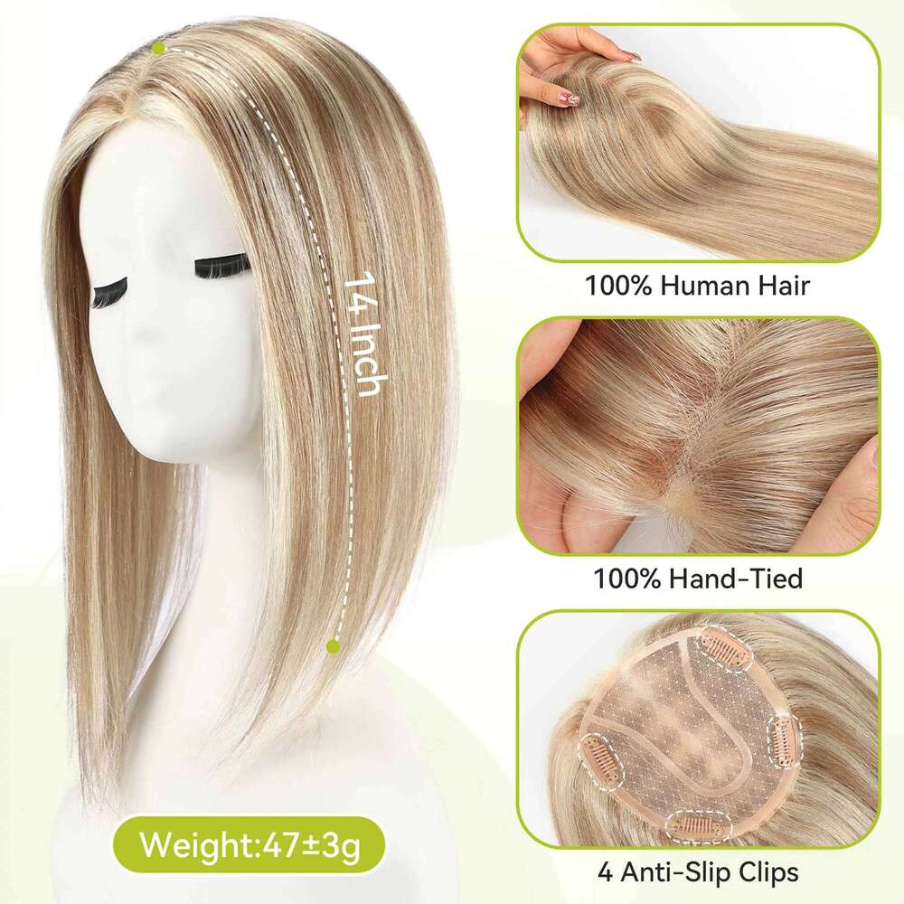 14inch Blonde Mixed Brown Topper with 4 Clips 100% Remy Mono Lace Base Human Toppers for Women Pieces Hair Extensions