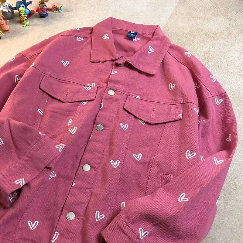 Spring Autumn Printing Love Denim Jacket Women 2024 New Fashion Loose Casual Thin Coat Pure Colour Button Outerwear Female